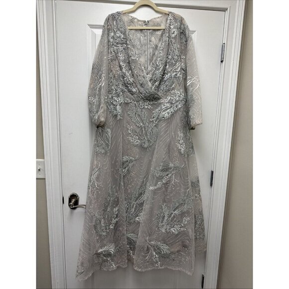 MAC DUGGAL SIZE  20 Gray EMBELLISHED WRAP 3/4 SLEEVE Cocktail Formal DRESS NWT - Picture 4 of 10